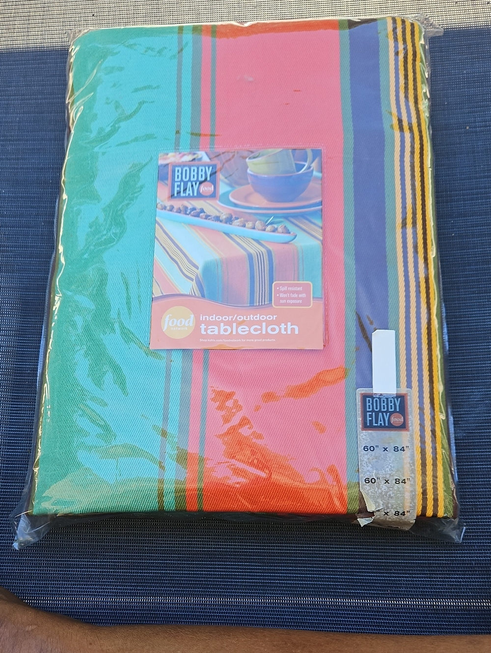 NEW IN PACKAGE Bobby Flay Bright Gree & Coral Striped Indoor/Outdoor Tablecloth